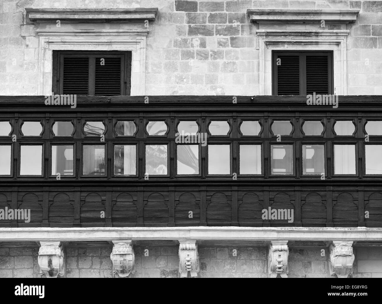 The wooden enclosed balcony of the Grandmaster's Palace in Valletta, Malta. Stock Photo