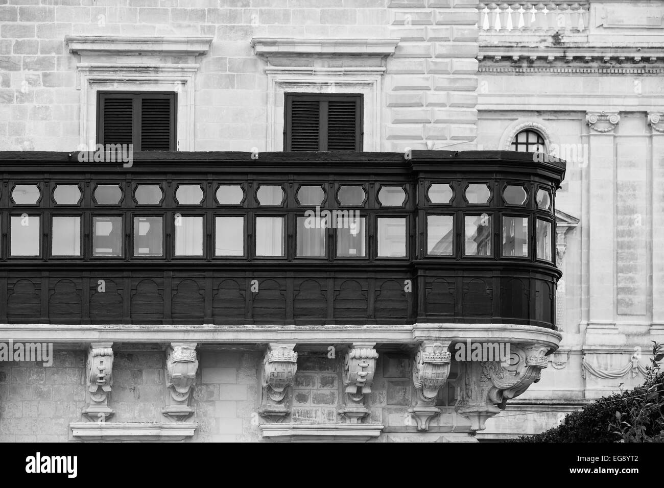 The wooden enclosed balcony of the Grandmaster's Palace in Valletta, Malta. Stock Photo
