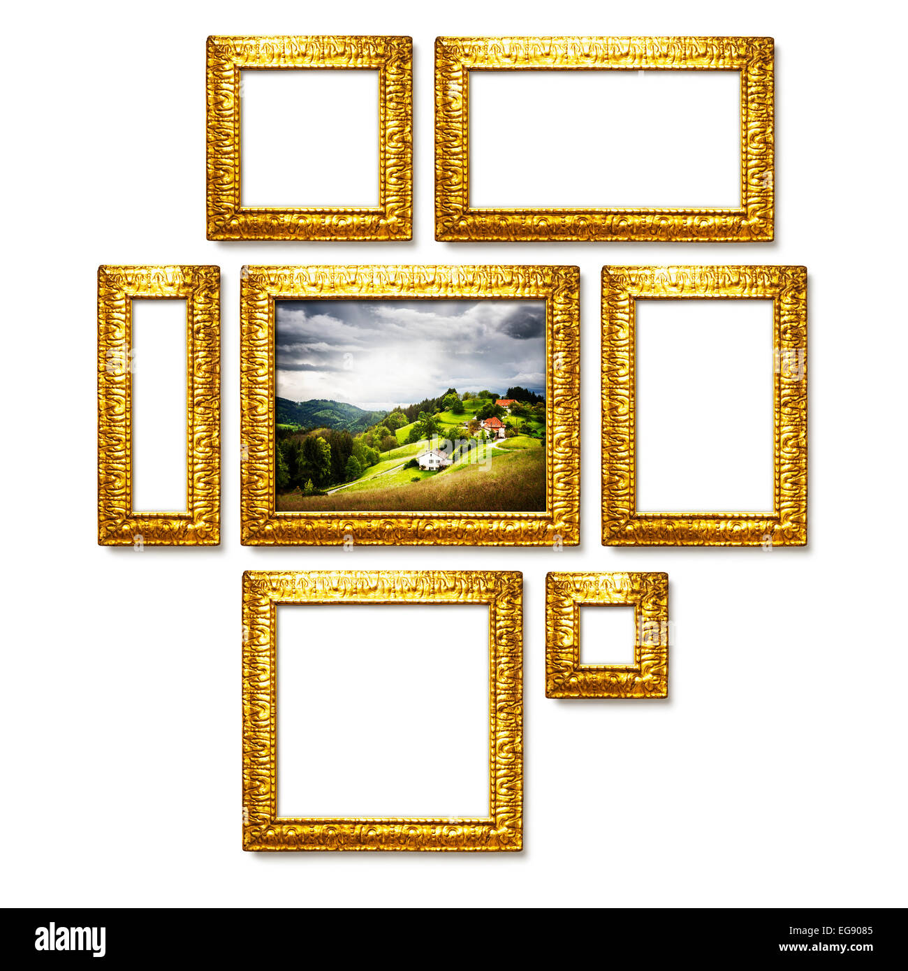 Antique golden frames collection on white background. Gallery wall ...