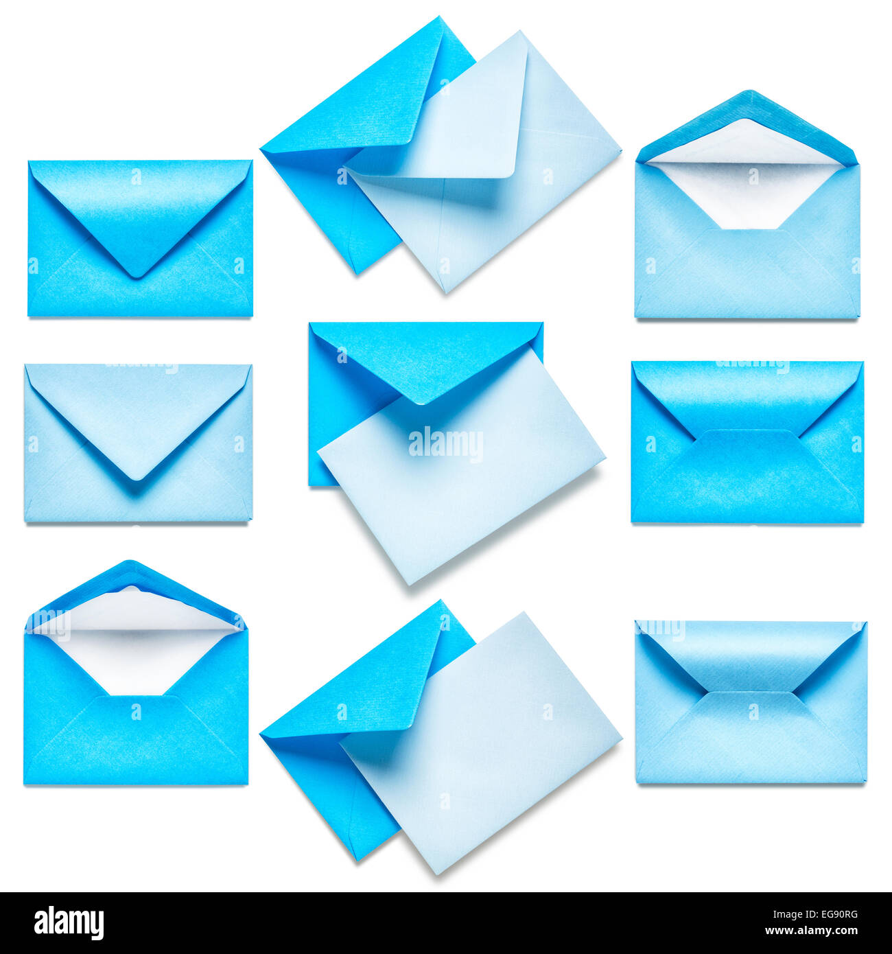 Blue envelopes with card collection isolated on white background Stock Photo
