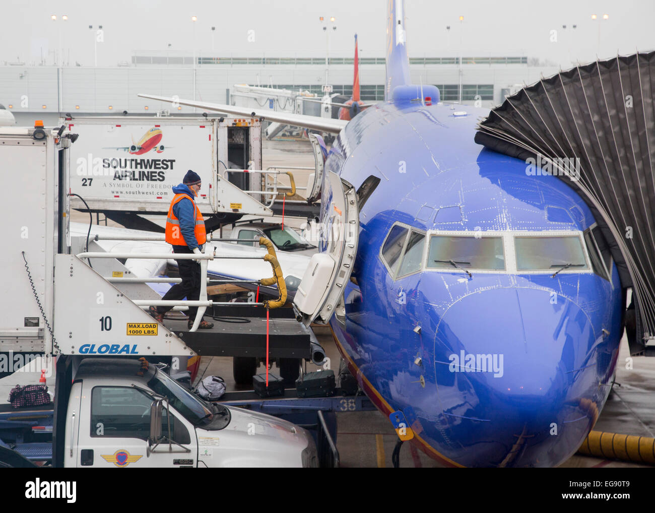 Chicago, Illinois - A member of the Southwest Airlines ground crew at Midway Airport. Stock Photo
