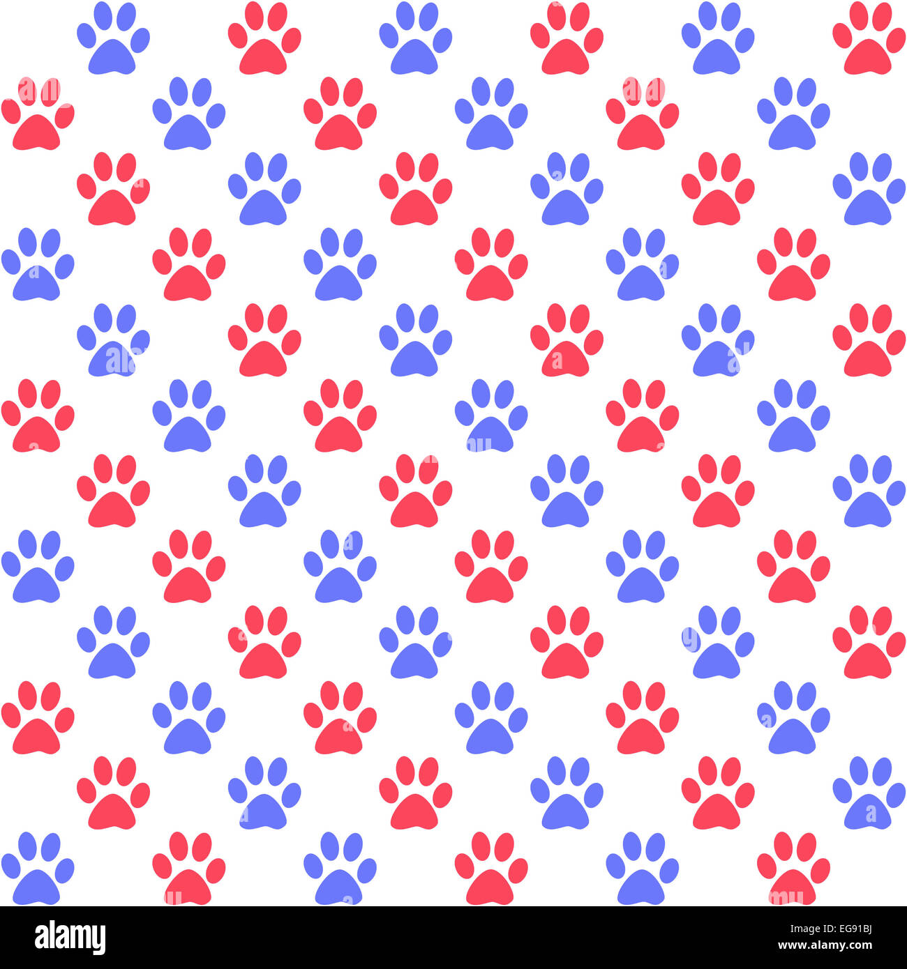 Paw prints in red and blue on white, a seamless background pattern Stock Photo