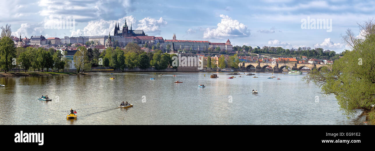 Prague, Czech Republic, tourists from around the world and the citizens enjoying spring weather and river activities Stock Photo