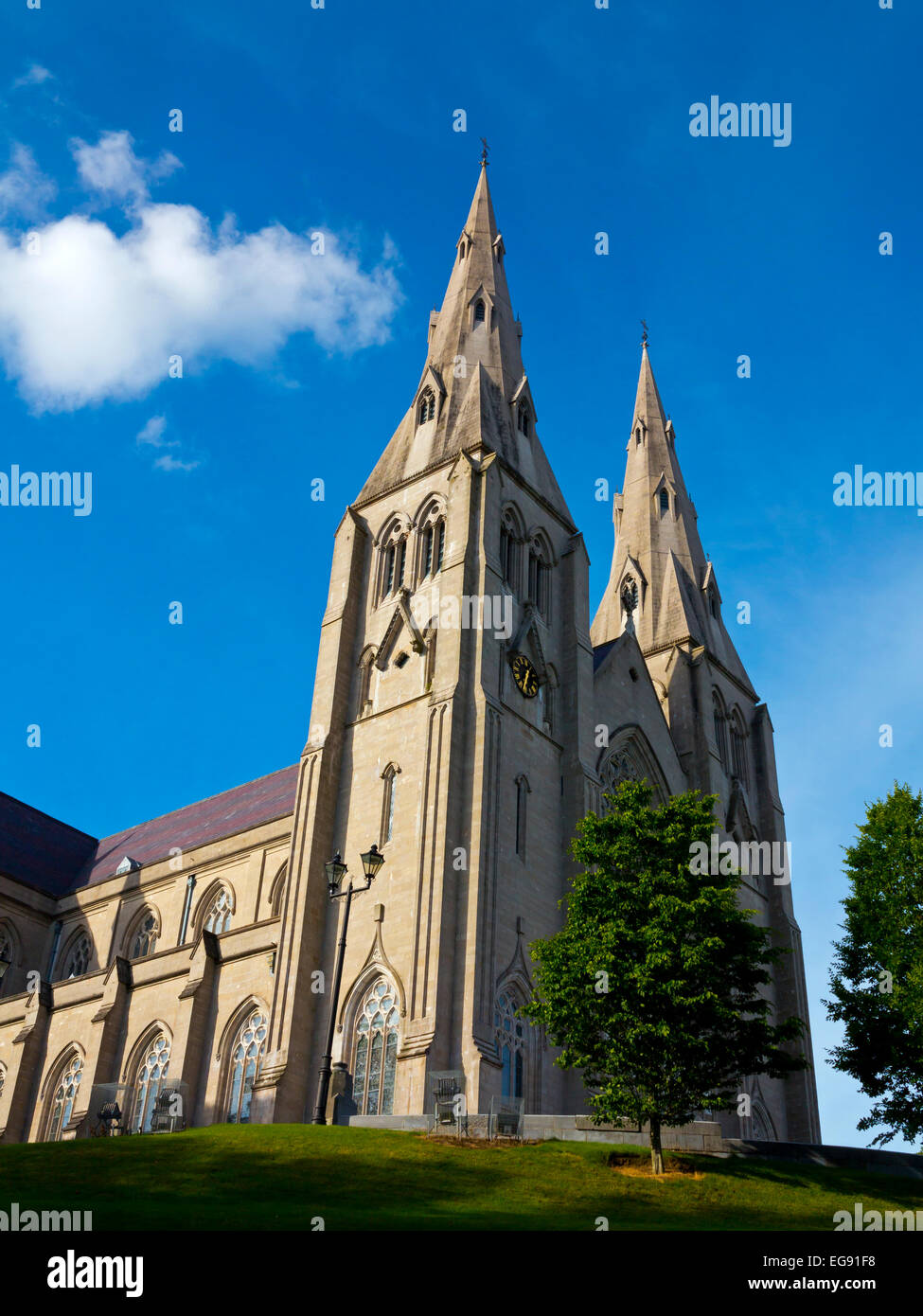 The twin spires of St Patrick's Roman Catholic Cathedral in Armagh Northern Ireland built 1840-1904 in Gothic Revival style Stock Photo