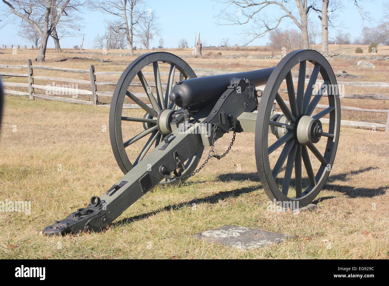 Two wheeled wooden cart with attached field-cannon, circa around mid1800’s. Stock Photo