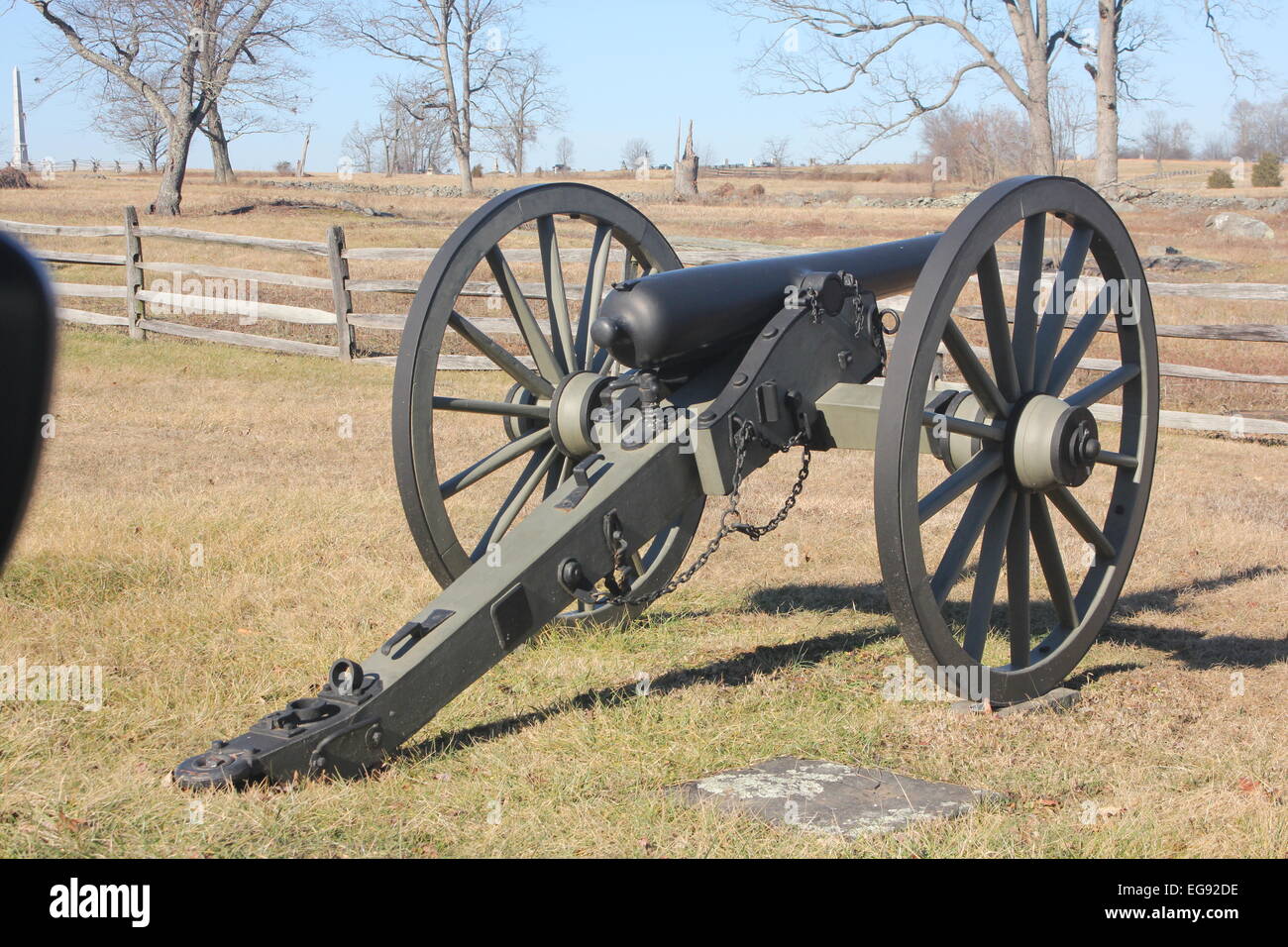 Two wheeled wooden cart with attached field-cannon, circa around mid1800’s. Stock Photo