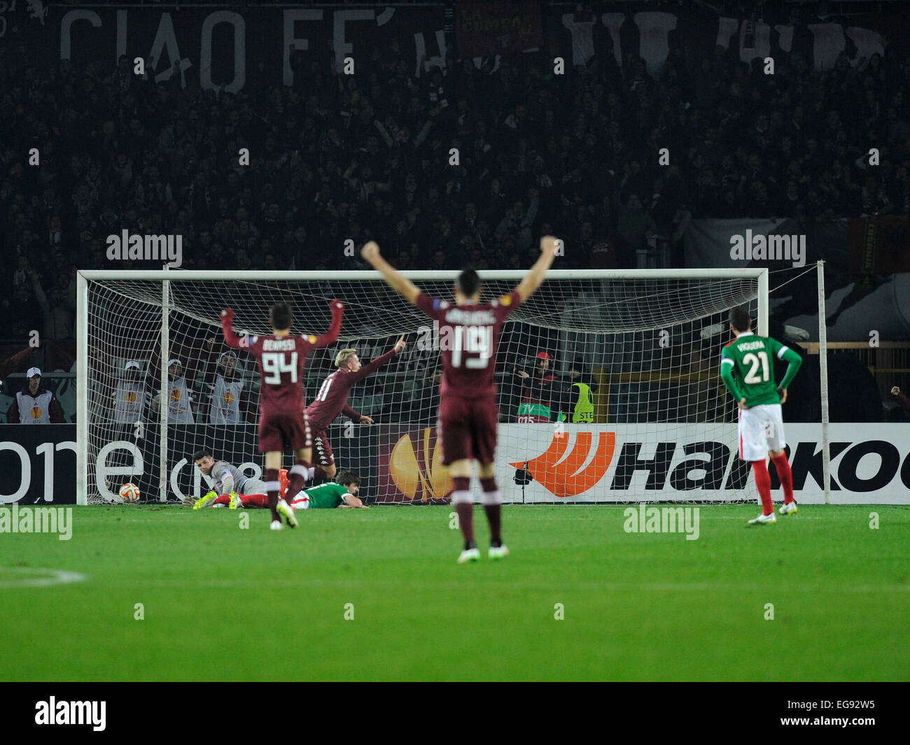 Turin, Italy. 19th Feb, 2015. Europa League. Europa League Torino FC versus Athletic Bilbao. Maxi Lopez of Torino FC scores the first of his two goals. Credit:  Action Plus Sports/Alamy Live News Stock Photo