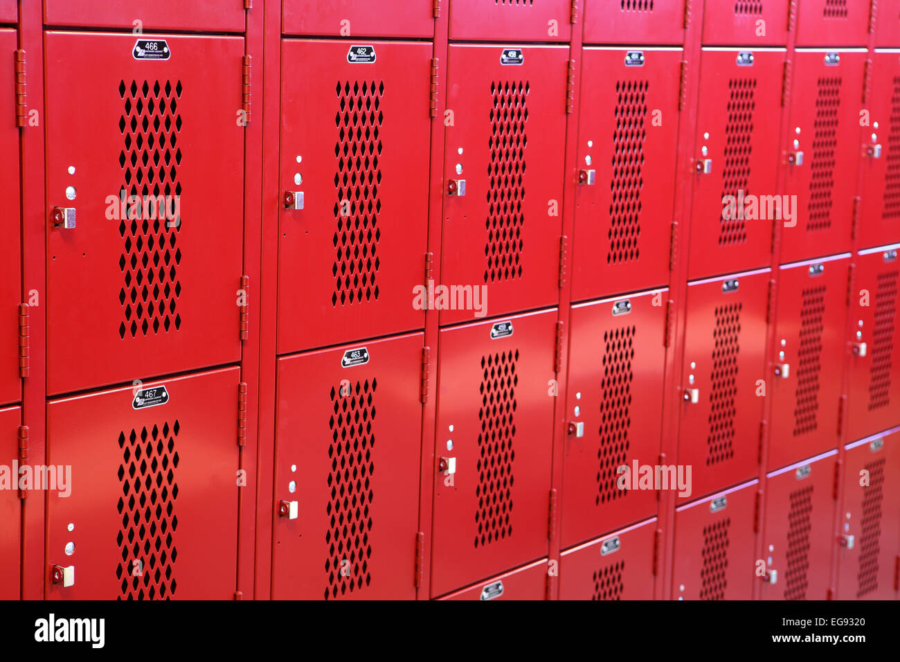 The lockers in a new high school locker room. Stock Photo