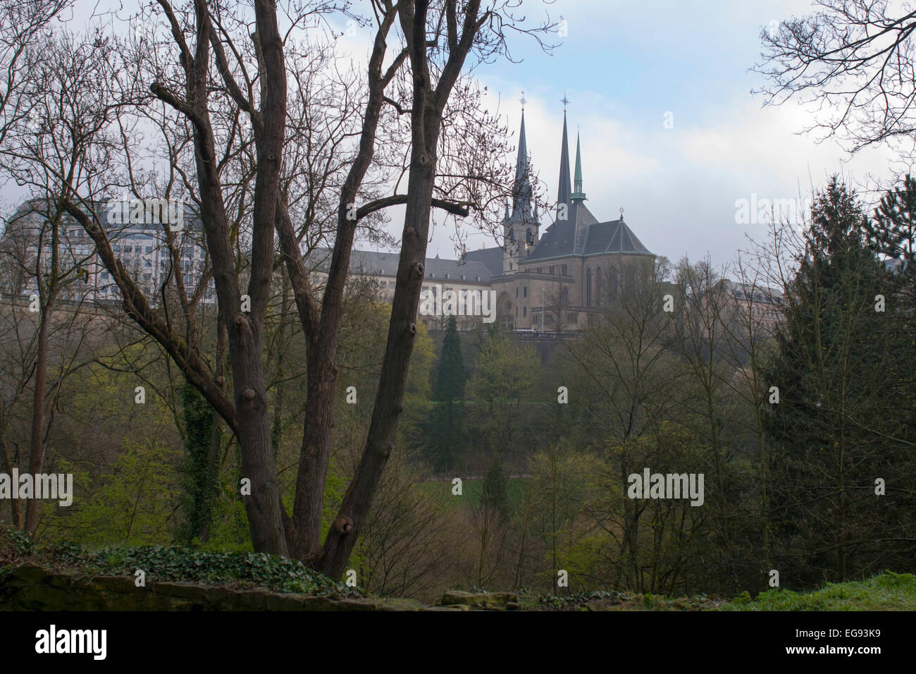 Luxembourg 3 spires of Cathedral started in1613 from park Stock Photo