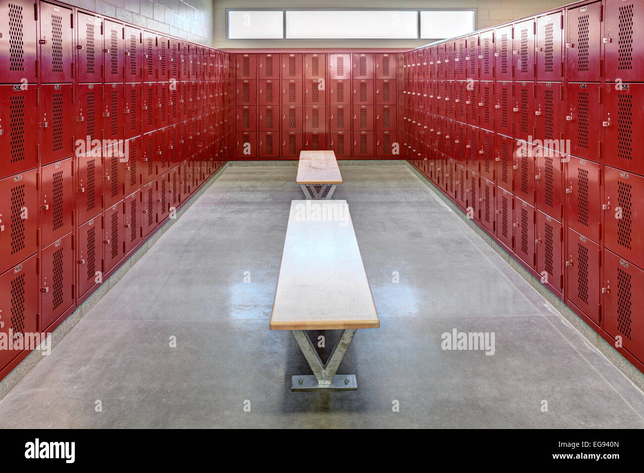 The interior of a High School locker room. Stock Photo