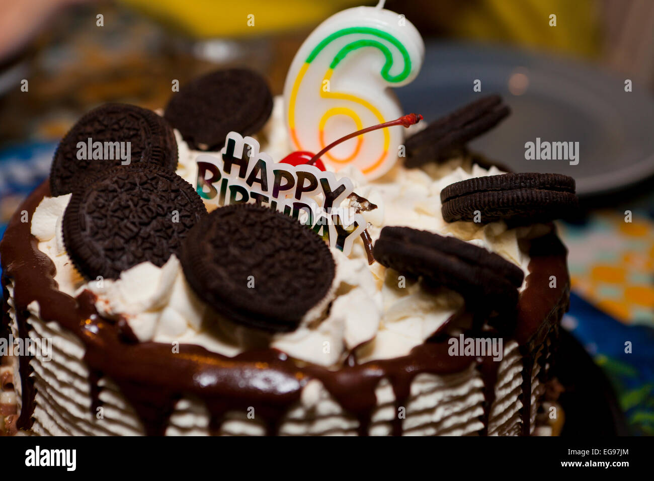 Chocolate Oreo cookies birthday cake for 6 year old child - USA Stock Photo
