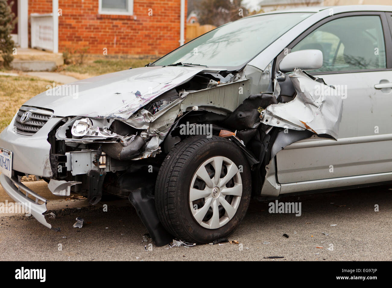 Car with front end accident damage - USA Stock Photo