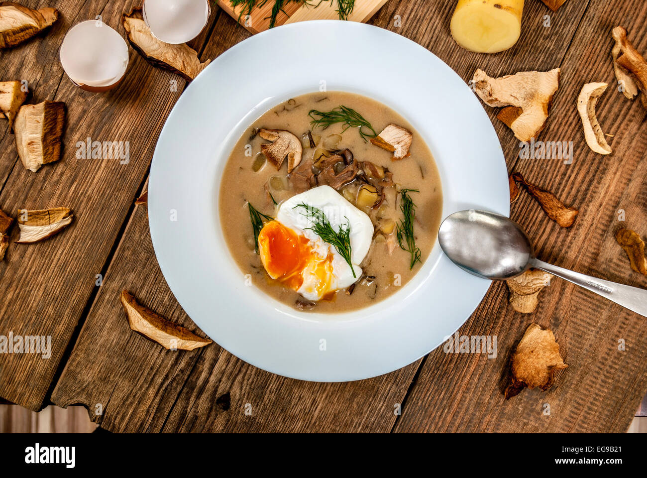 Czech traditional soup kulajda with dill and mushroom and poached egg Stock  Photo - Alamy