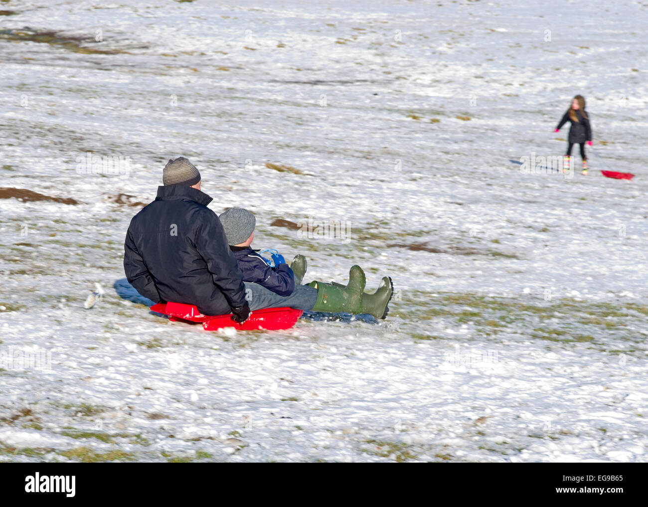 Man and boy on sledge together sledging downhill on snowy hillside Caldbeck fells, Lake District, Cumbria, England UK Stock Photo