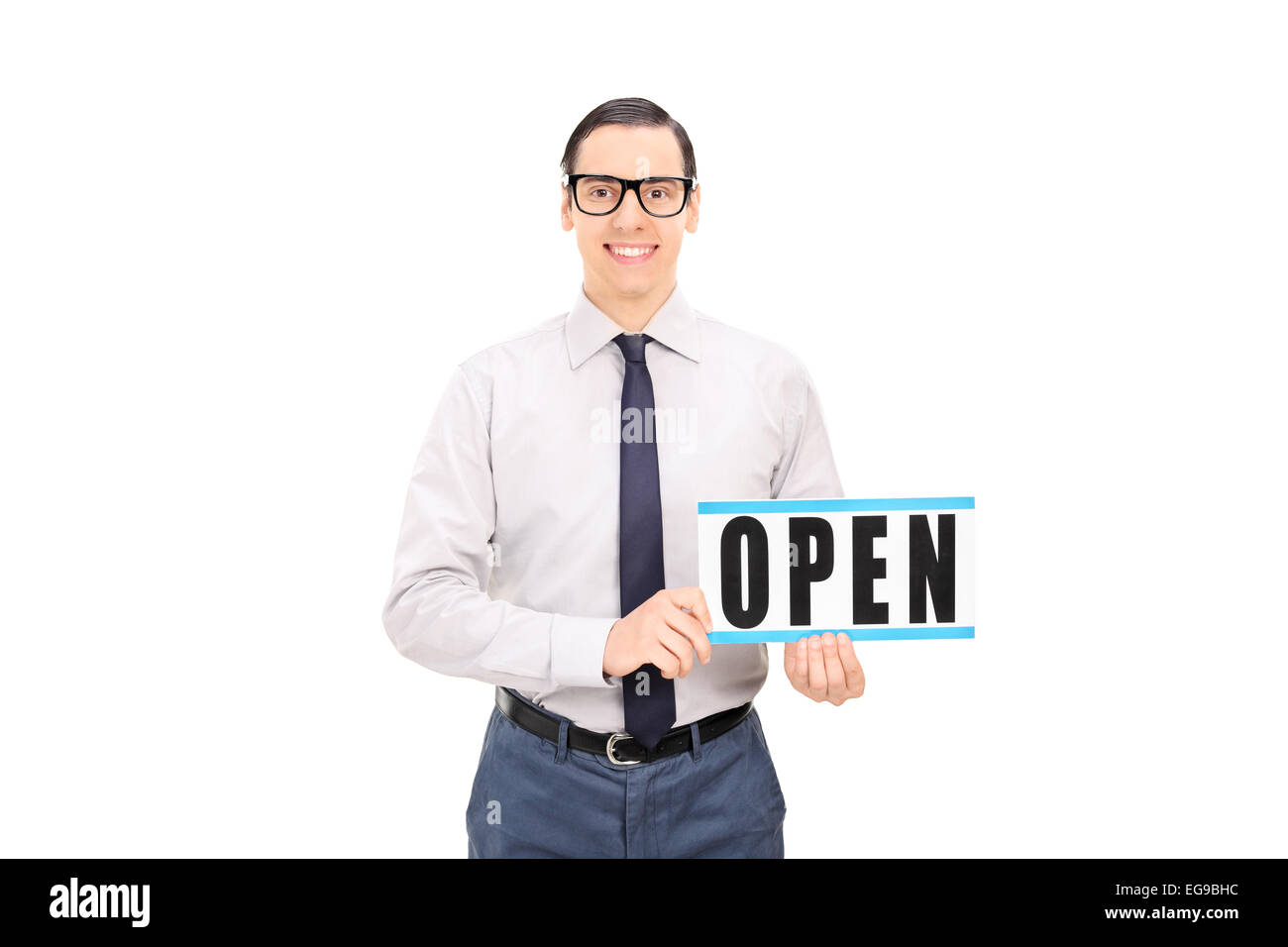 Store manager holding an open sign isolated on white background Stock ...