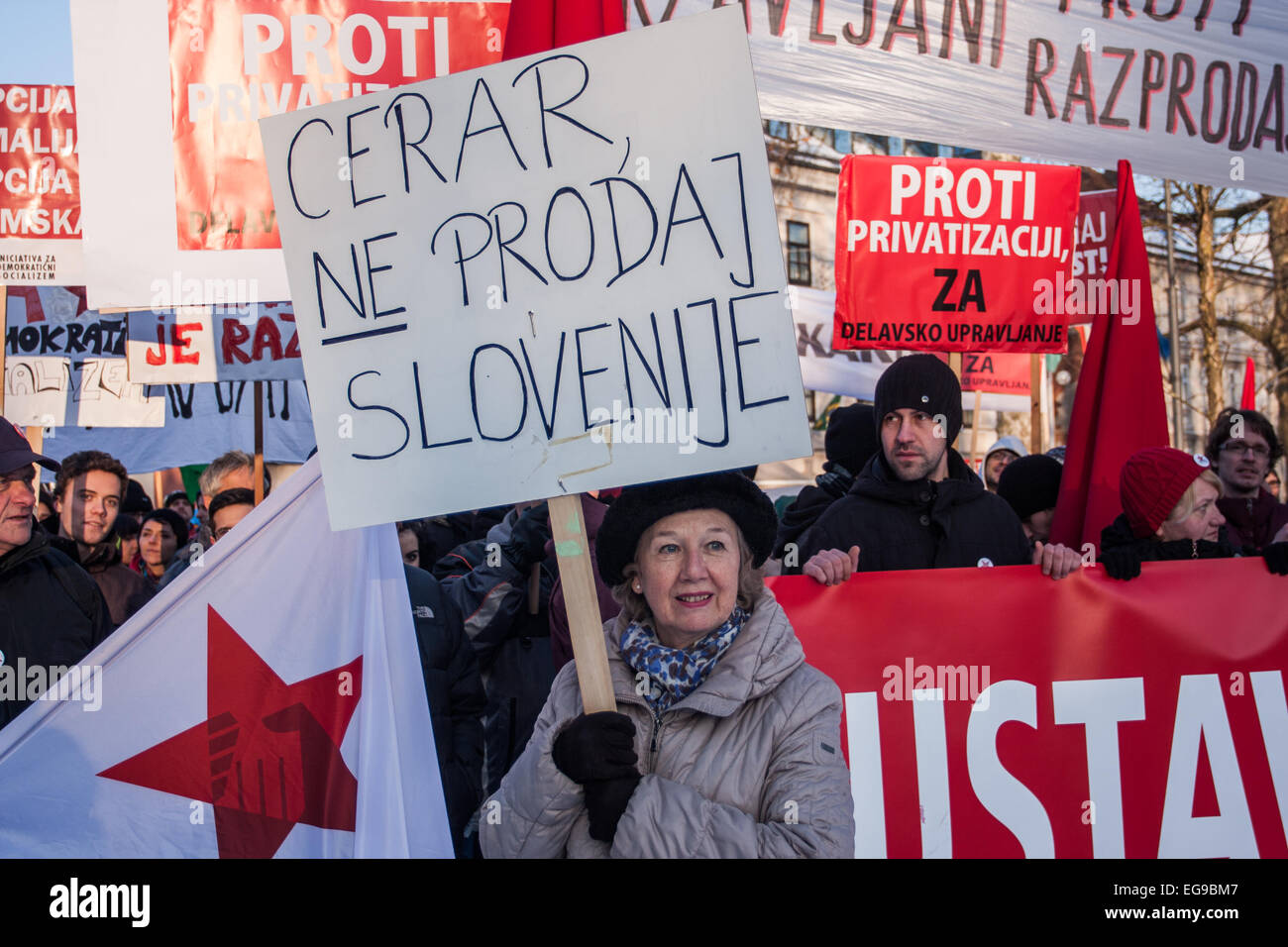 Protest against privatization in Ljubljana, Slovenia on 7.2.2015 Stock Photo
