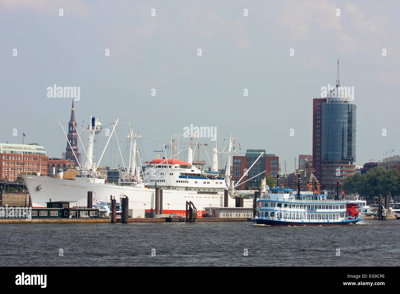 About pier with a museum ship Cap San Diego, in the background Hanseatic Trade Center, Hamburg, Germany, Europe Stock Photo