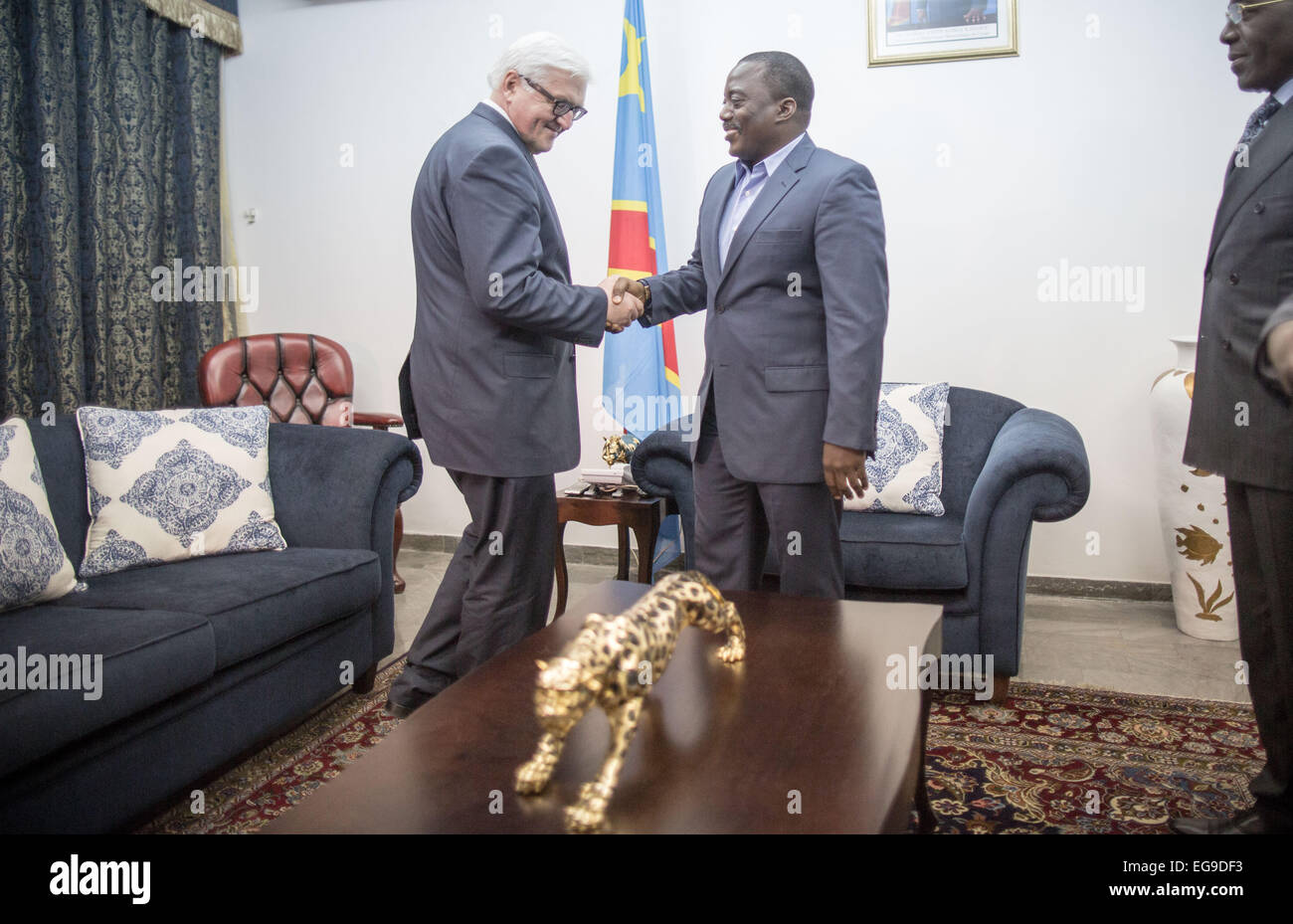 German Foreign Minister Steinmeier (SPD, L) visits the President of the Democratic Republic of Congo, Joseph Kabila Kabange, in Kinshasa, Democratic Republic of Congo, 19 February 2015. Steinmeier is on a fgour-day trip visiting counrtires in Africa. Photo: Michael Kappeler/dpa Stock Photo