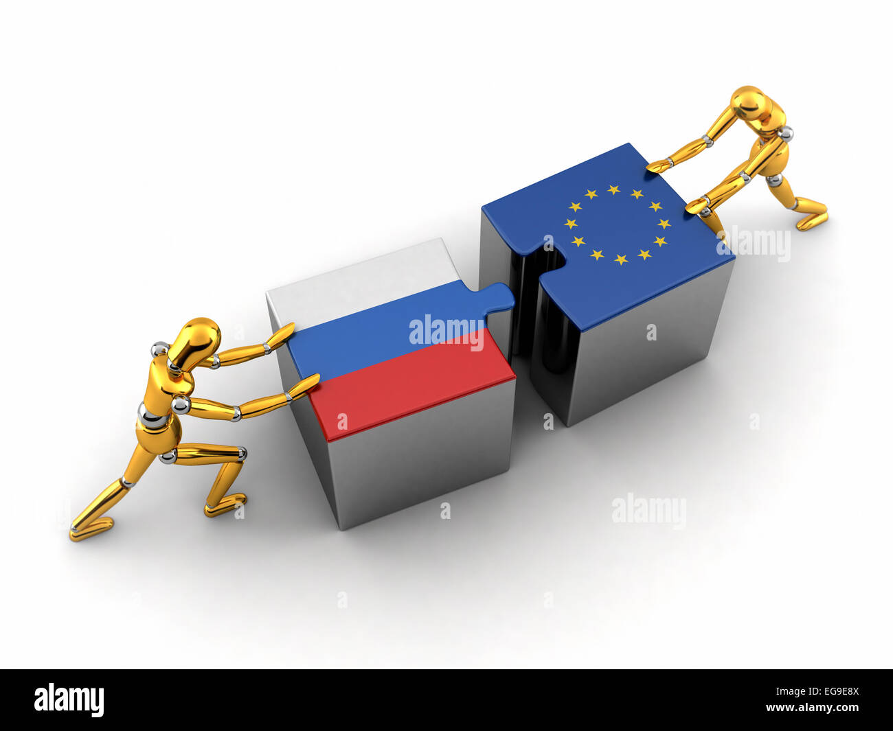Political or financial concept of Russia struggling and finding a solution with the European union. Stock Photo