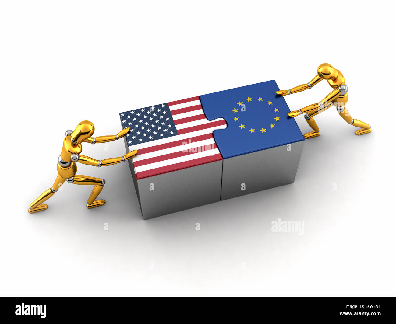 Political or financial concept of the USA struggling and finding a solution with the European union. Stock Photo