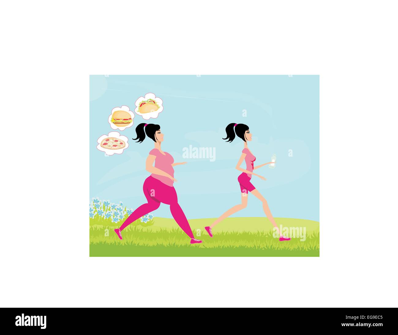 Young woman jogging,fat girl dreams of unhealthy eating, skinny girl drinks mineral water Stock Vector