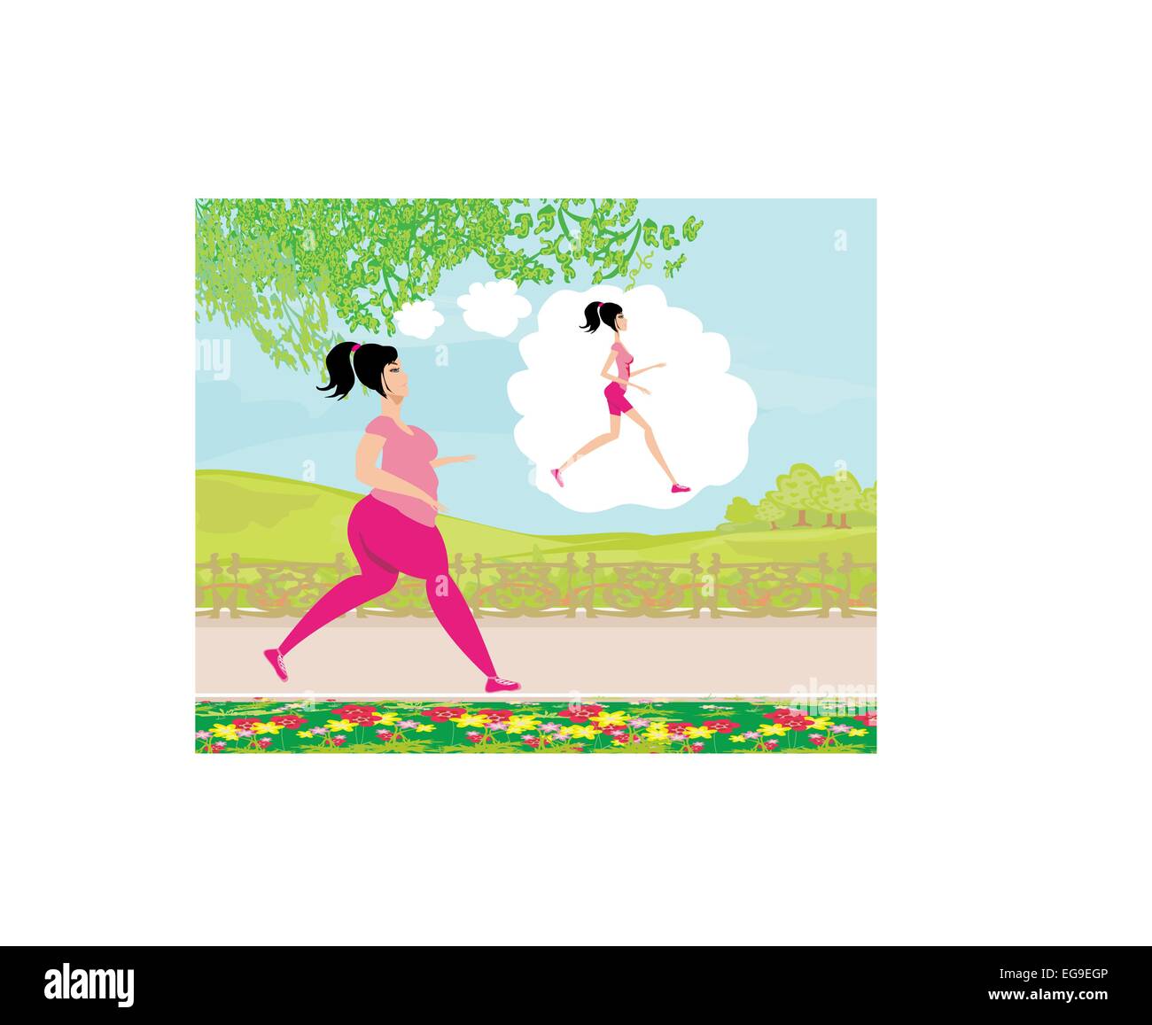 Young woman jogging,fat girl dreams to be a skinny girl Stock Vector