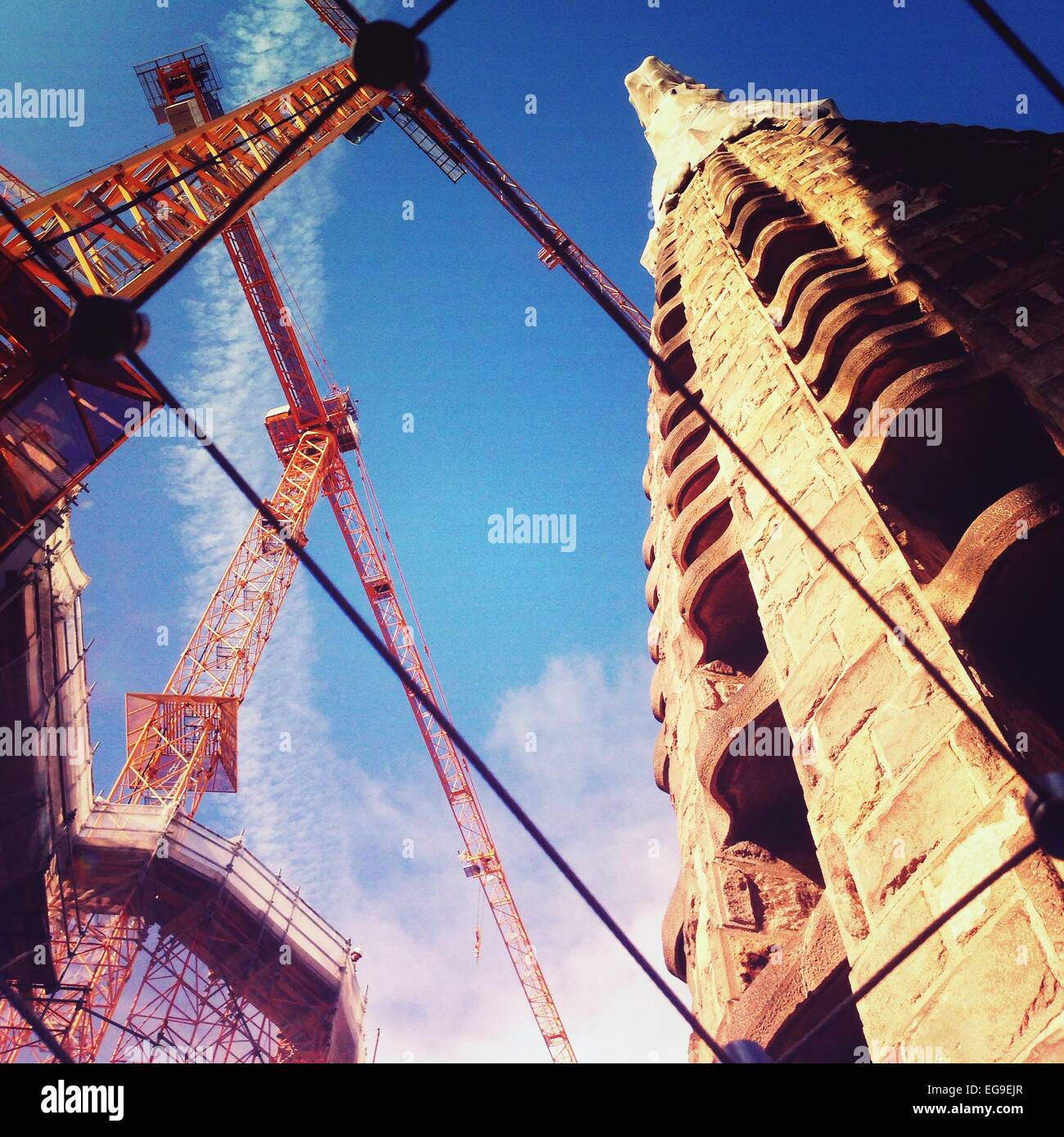 Spain, Catalonia, Barcelona, View from below of Sagrada Familia still being built Stock Photo