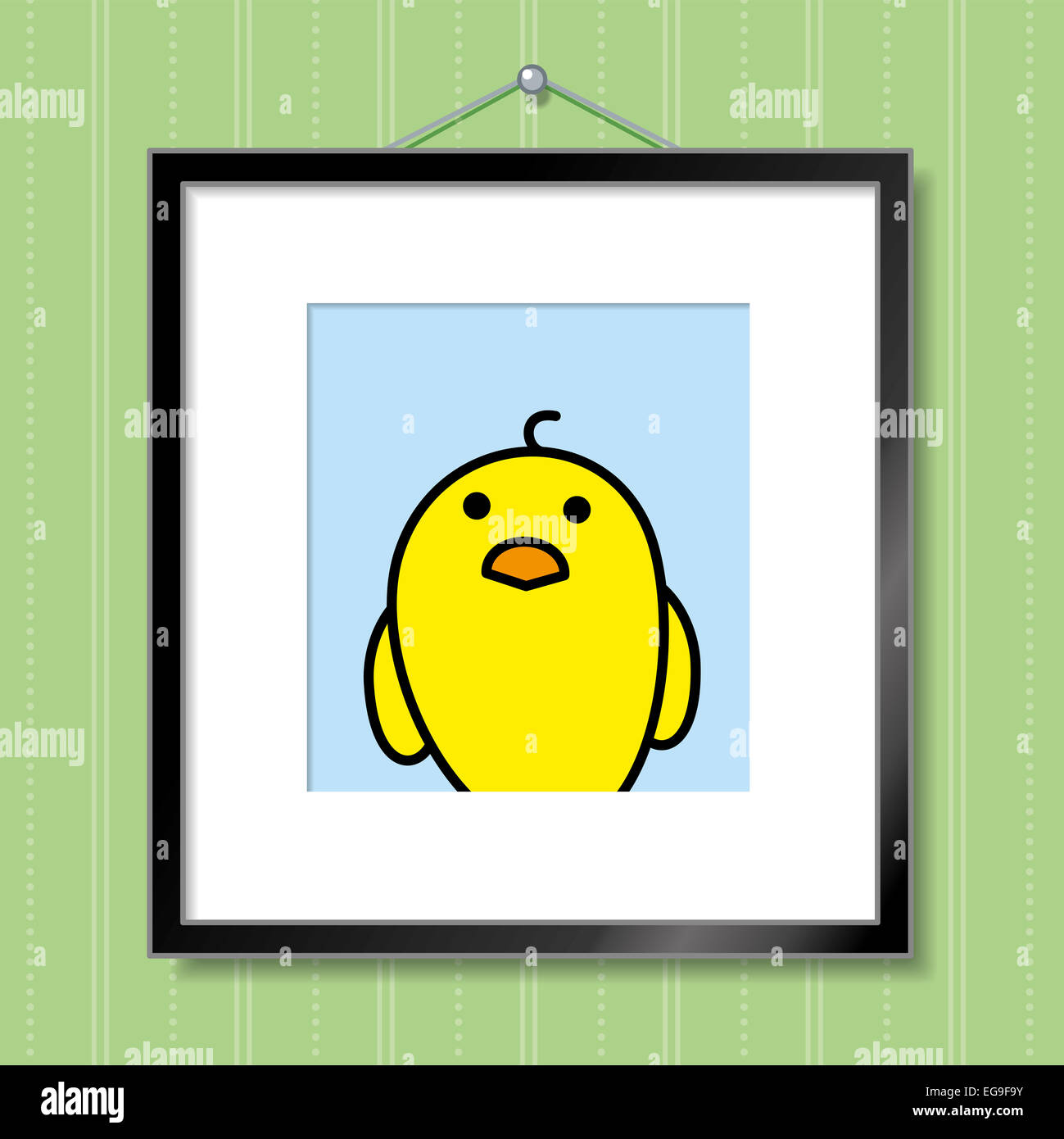 Cute Portrait of Single Yellow Chick in Picture Frame Hanging on Green ...
