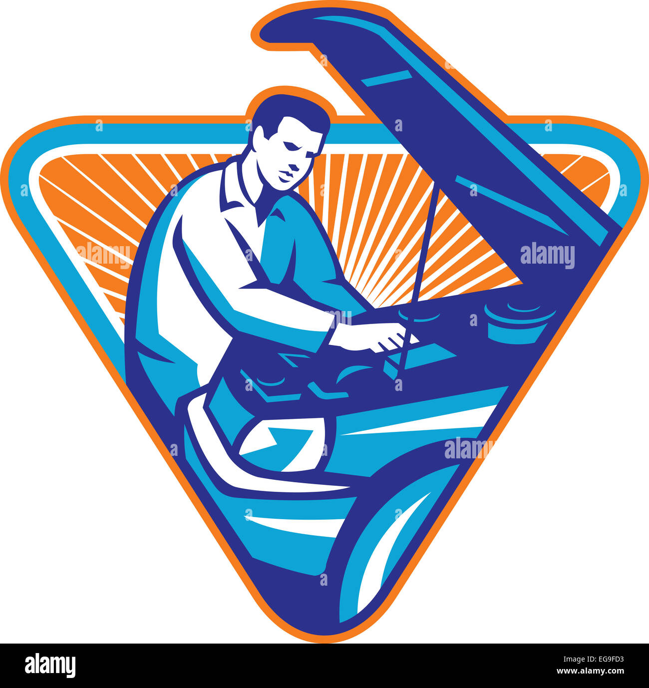 Illustration of an auto automobile mechanic repairing car engine with hood open set inside triangle with sunburst in the background done in retro style. Stock Photo