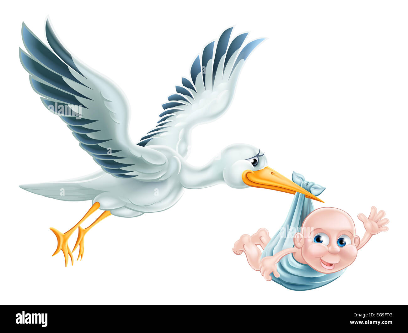An illustration of a flying cartoon stork delivering a newborn baby. Classic metaphor for pregnancy or child birth Stock Photo