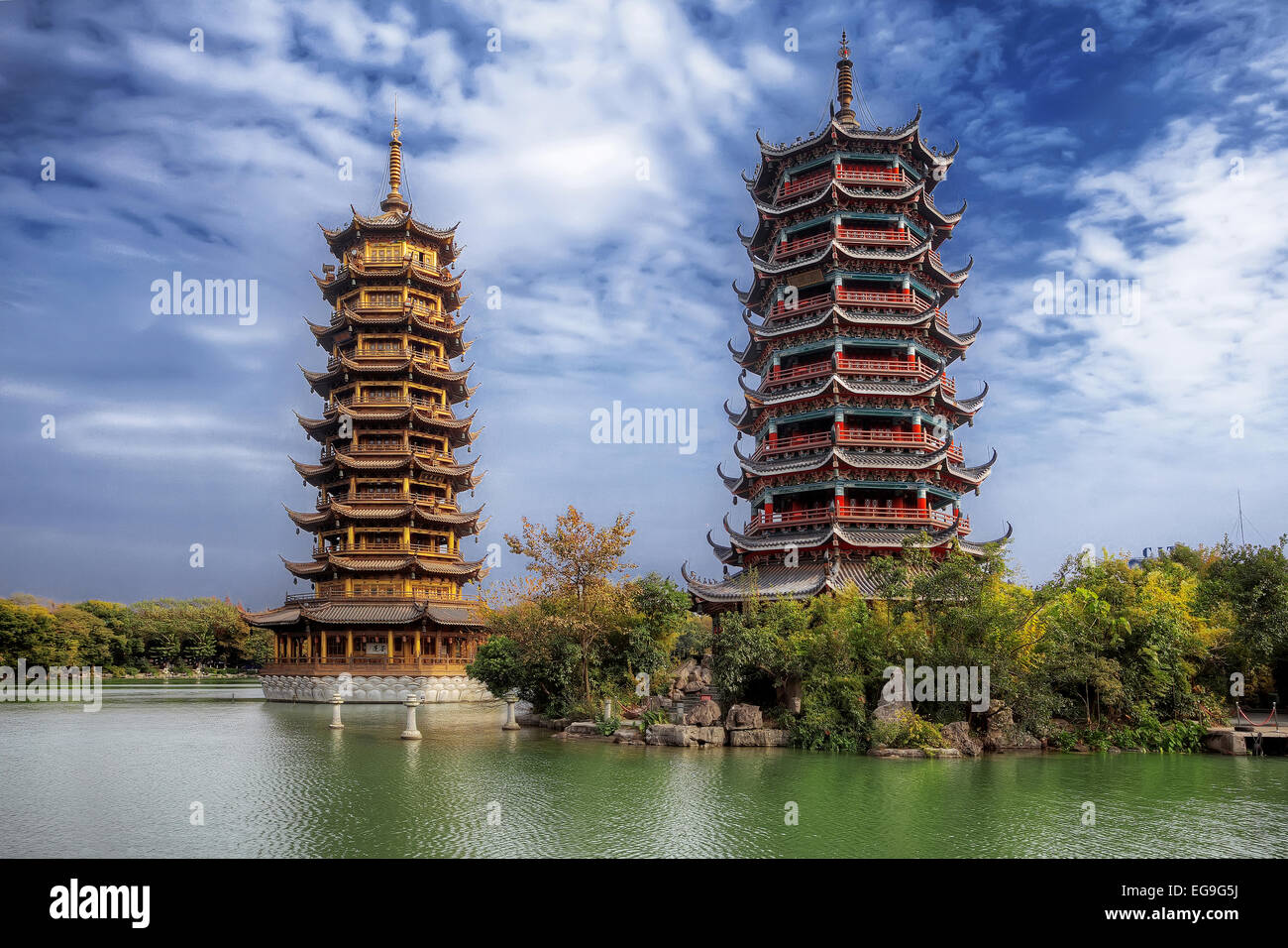 China, Guilin, Sun and Moon Twin Pagodas Stock Photo