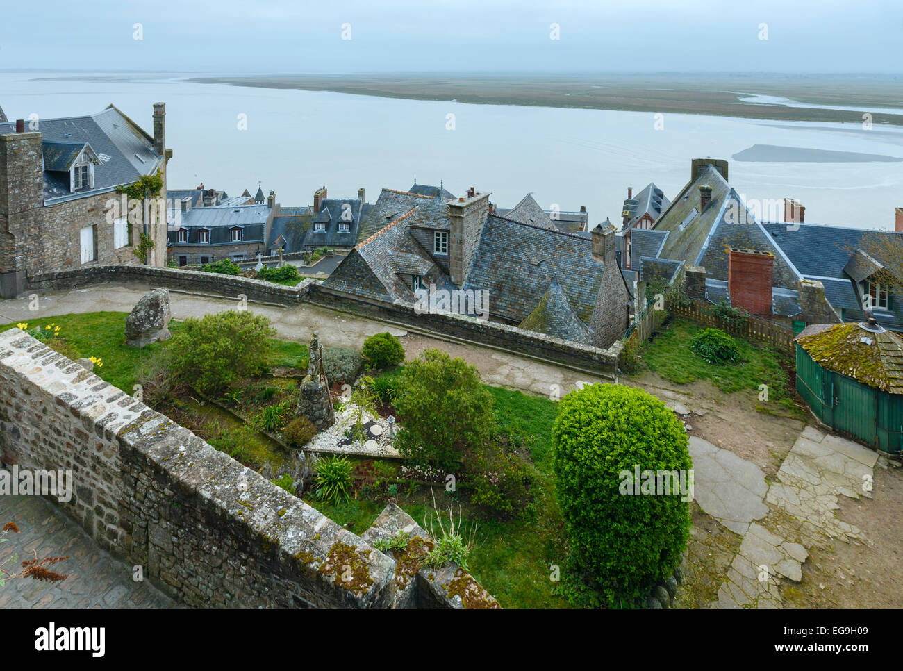 Inside the walls of Mont Saint-Michel. Morning spring sea view. Stock Photo