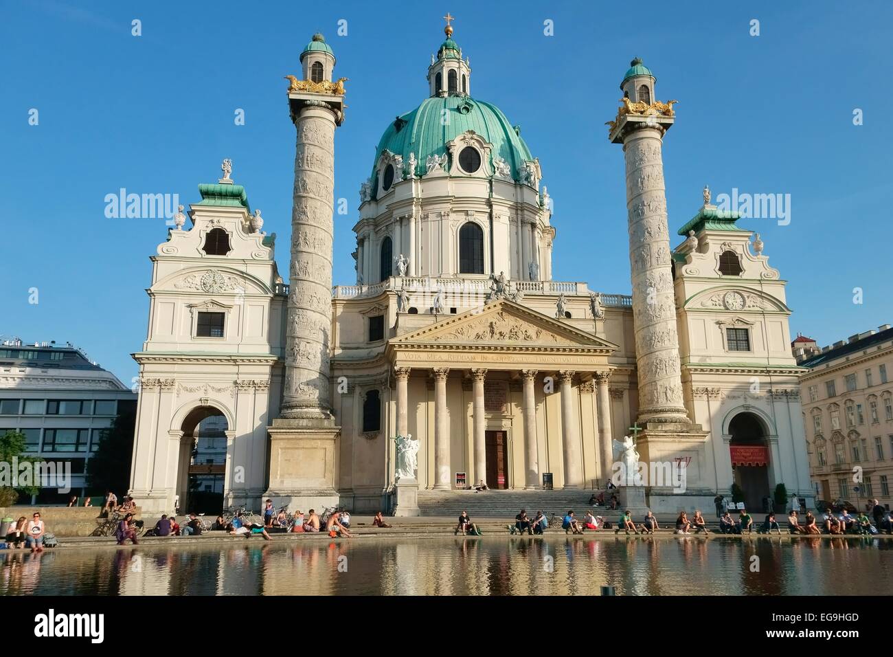Baroque Karlskirche church designed by Johann Bernhard Fischer von Erlach, Karlsplatz square, Vienna, Austria Stock Photo