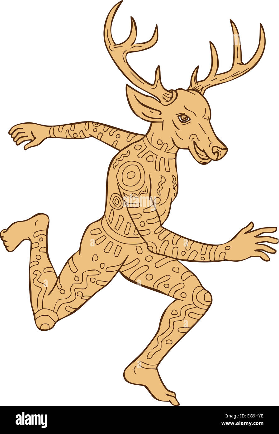 Illustration Of A Half Man Half Deer Animal With Tattoos Running Viewed From Side Done In Cartoon Style On Isolated White Background Stock Photo Alamy