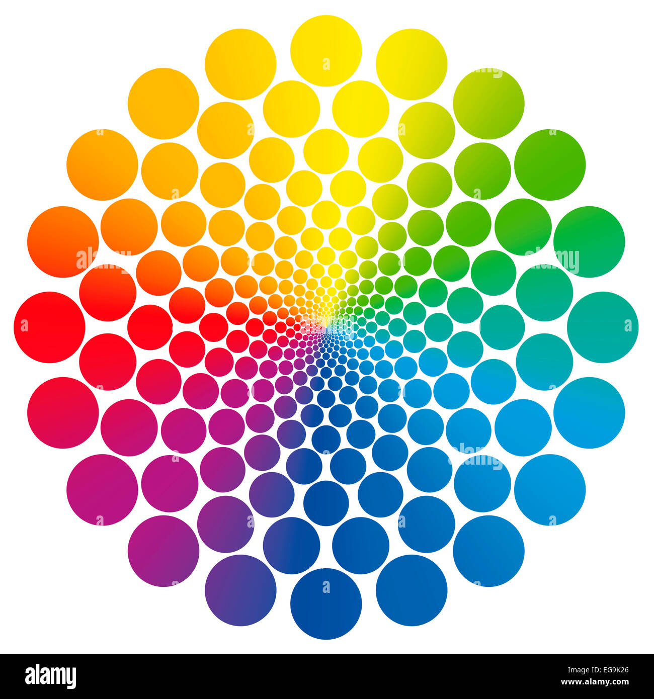 Flower symbol graphic made of geometrically arranged rainbow colored circles that nearly approach infinity towards the center. Stock Photo