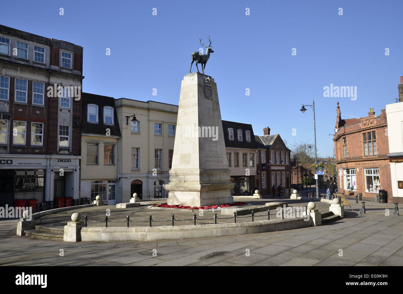 A stag statue and war memorial in the centre of Hertford, Hertfordshire Stock Photo