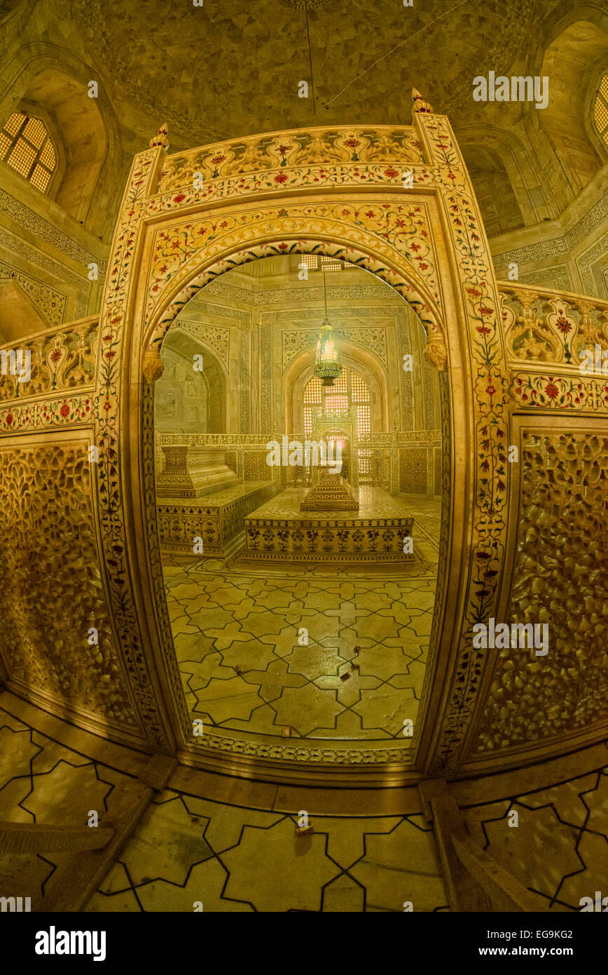 The burial chamber is located right beneath the central chamber and consists of the actual graves of Mumtaz Mahal and Shah Jahan Stock Photo