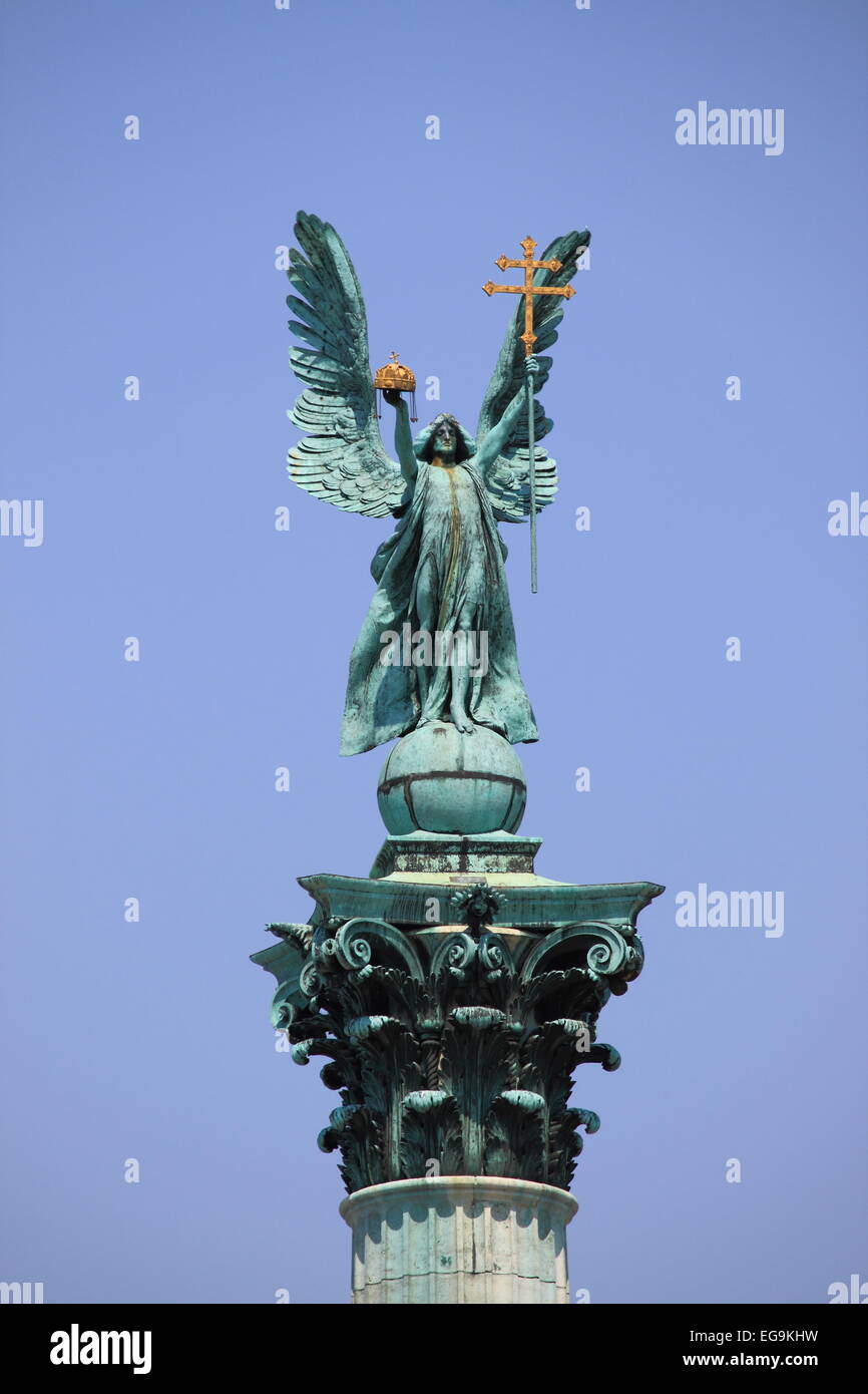 Archangel Gabriel statue in Heroes Square of Budapest, Hungary Stock ...