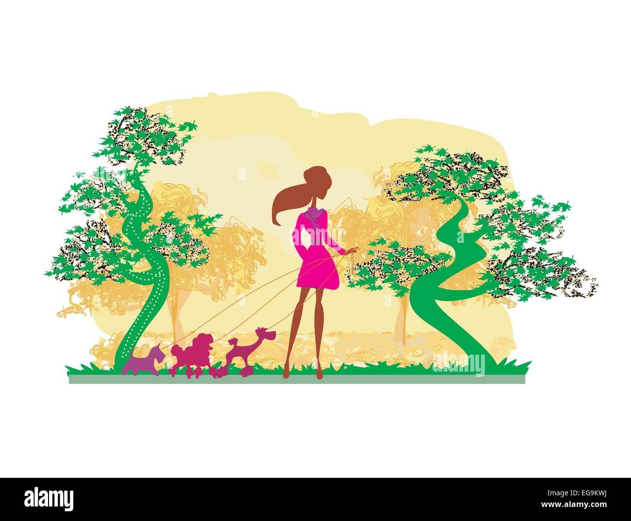 Girl walking with her dogs in autumn landscape. Stock Vector