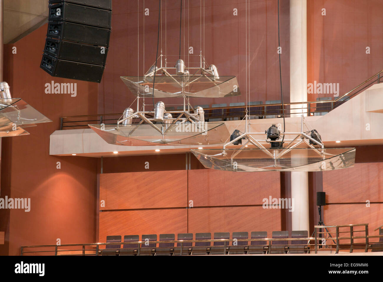 Speakers and light fittings at the Bridgewater Hall auditorium in Manchester, UK. Stock Photo