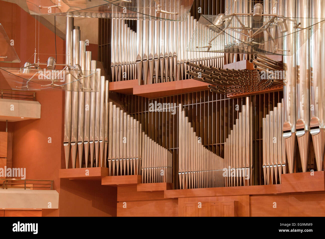 Organ pipes and light fittings at the Bridgewater Hall auditorium in Manchester, UK. Stock Photo