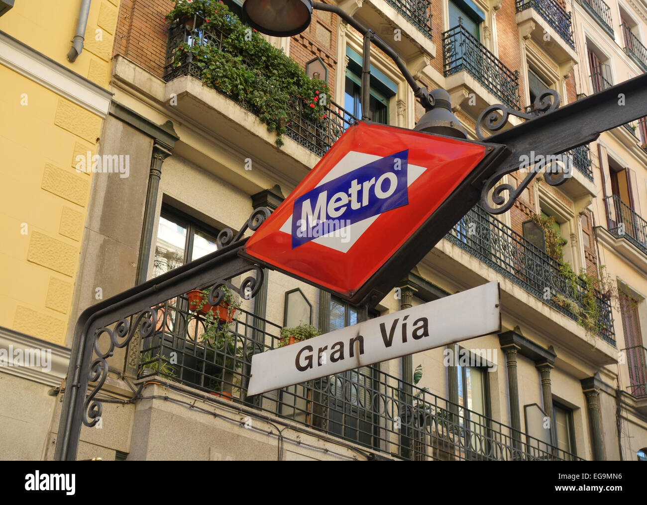 Vintage Metro sign at entrance Gran Via subway, Madrid, Spain. Stock Photo