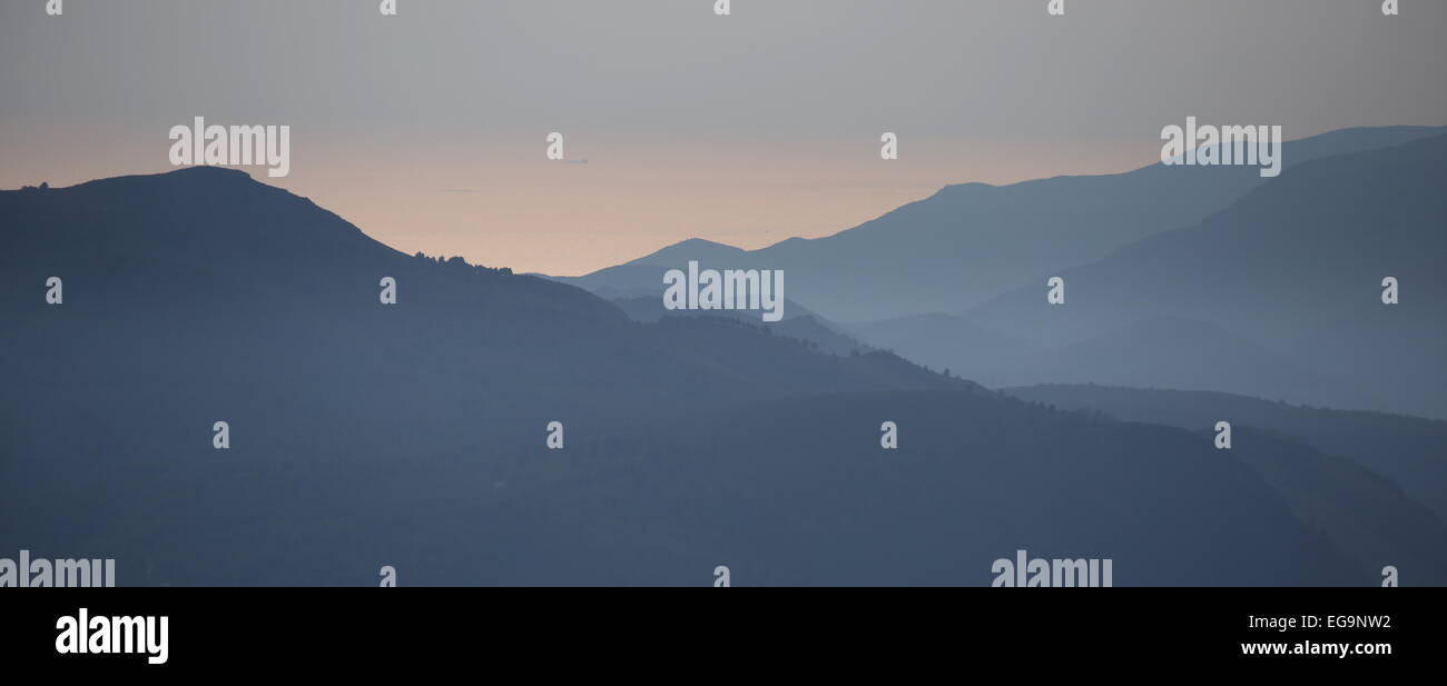 Andalusia blue landscape. blue shadowed hills looking to Malaga Stock Photo