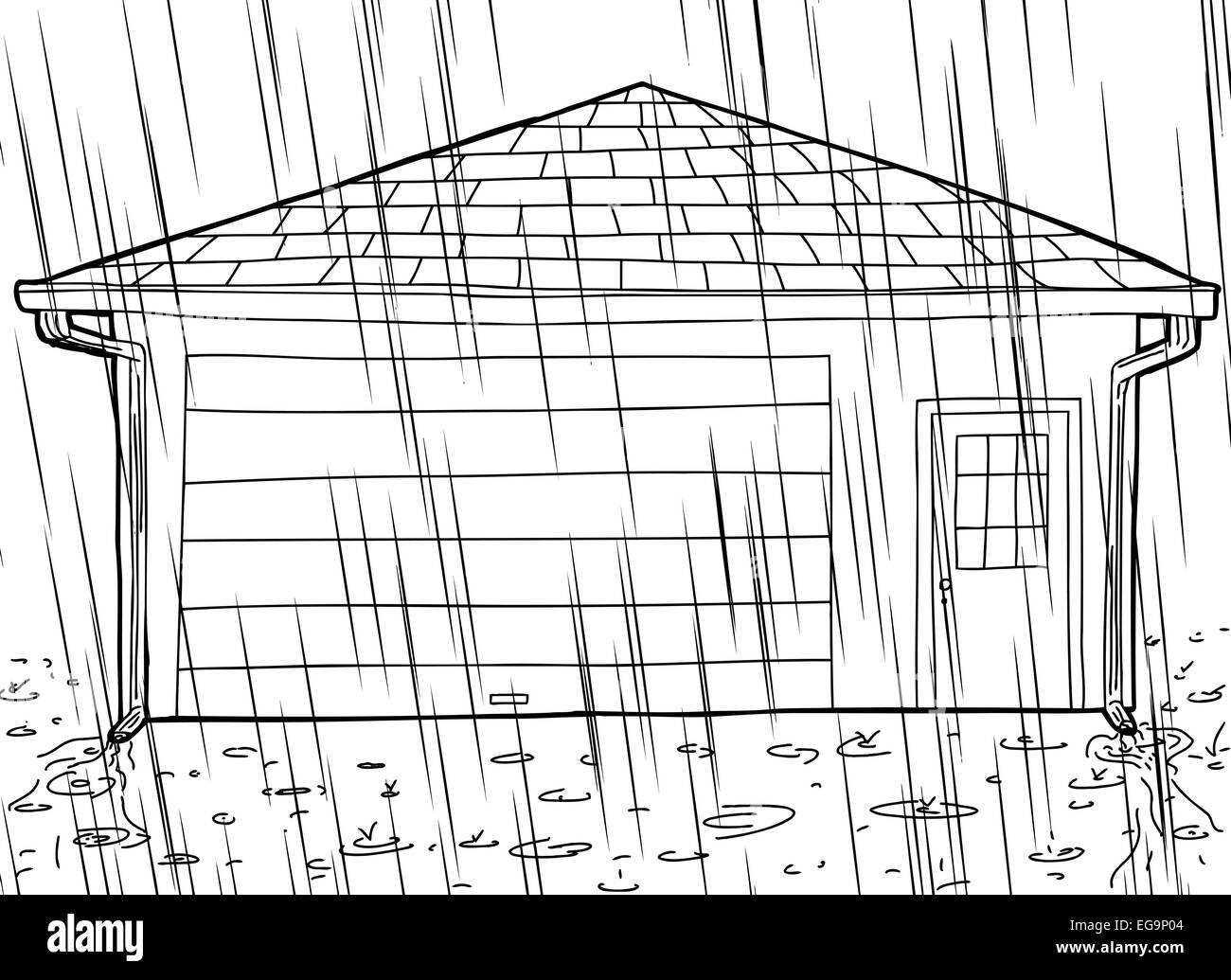 Hand drawn cartoon outline garage with rain spouts Stock Photo Alamy