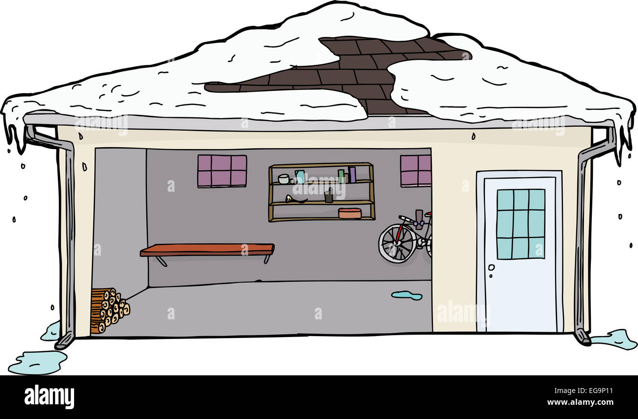 Open Garage Door With Log Pile And Melting Snow On Roof Stock