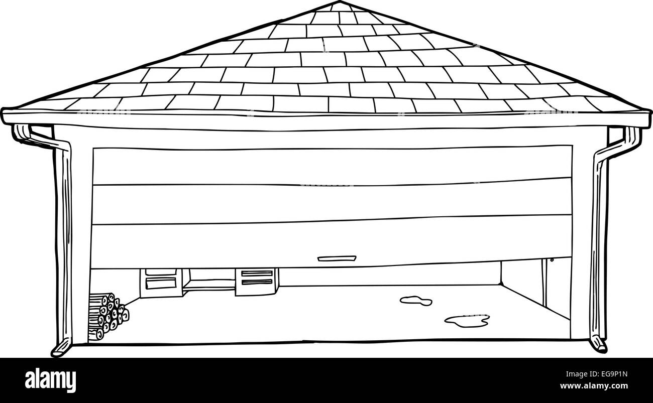 Outline Cartoon Of Residential Garage With Half Open Door Stock Photo Outline Cartoon Of Residential Garage With Half Open Door EG9P1N