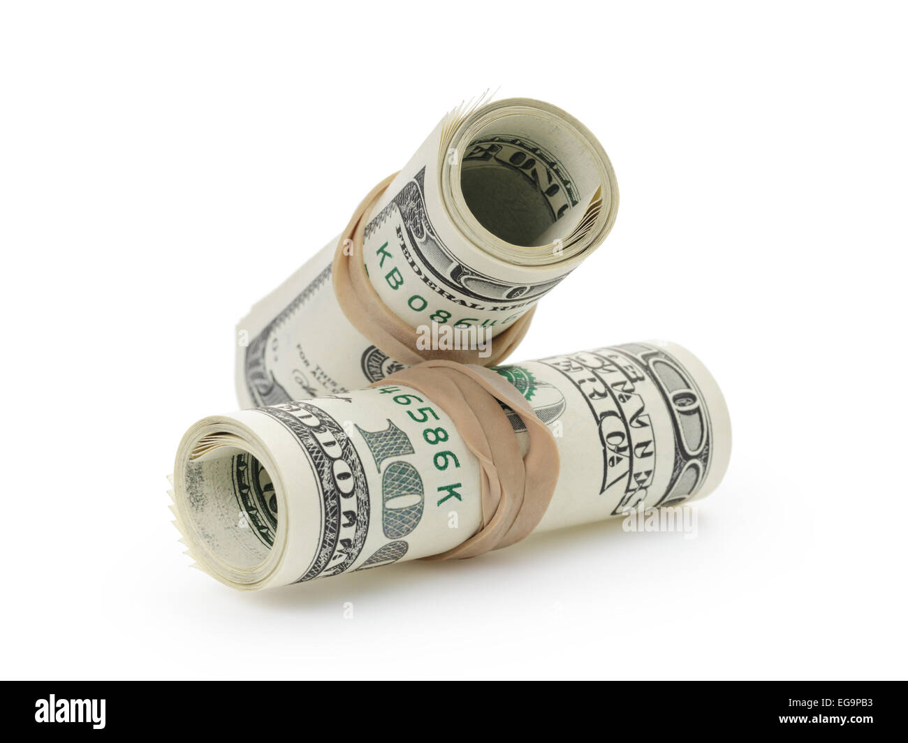 rolled hundred dollar banknotes tied with rubberband Stock Photo