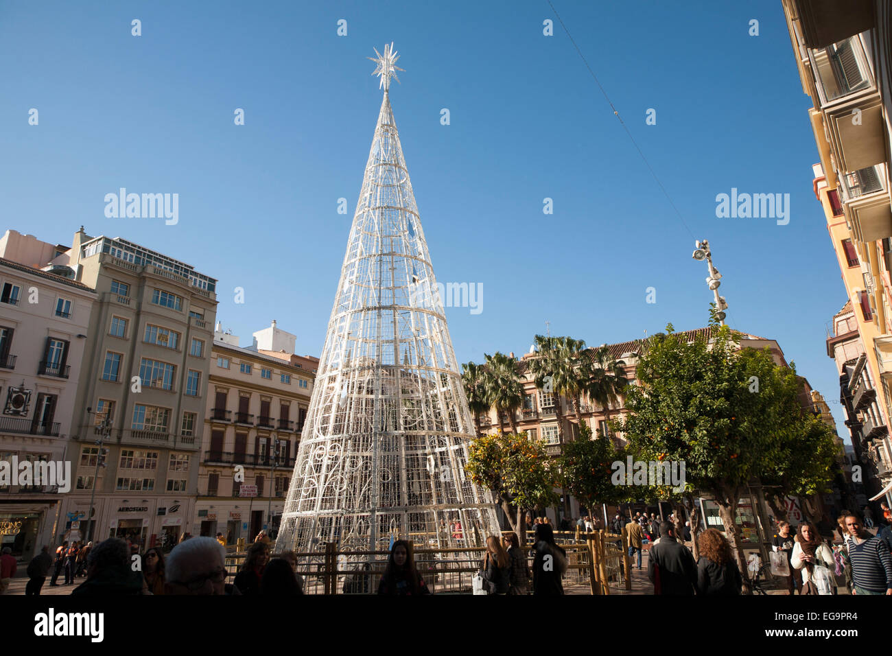 Christmas tree decorations in Plaza de Constitucion, Malaga, Spain Stock Photo