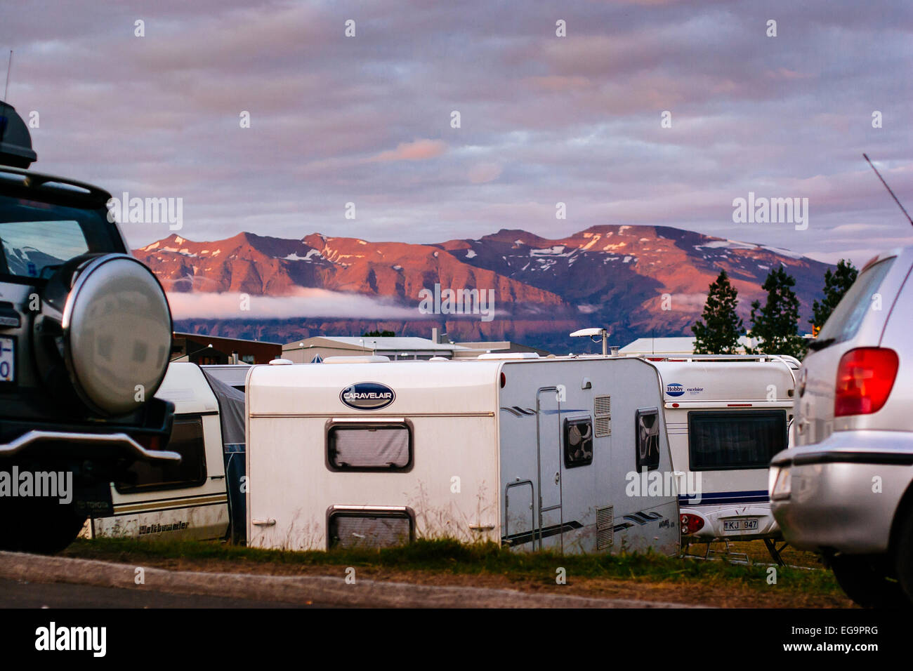 Crowded camper park in Dalvik, Iceland during summer fish festival