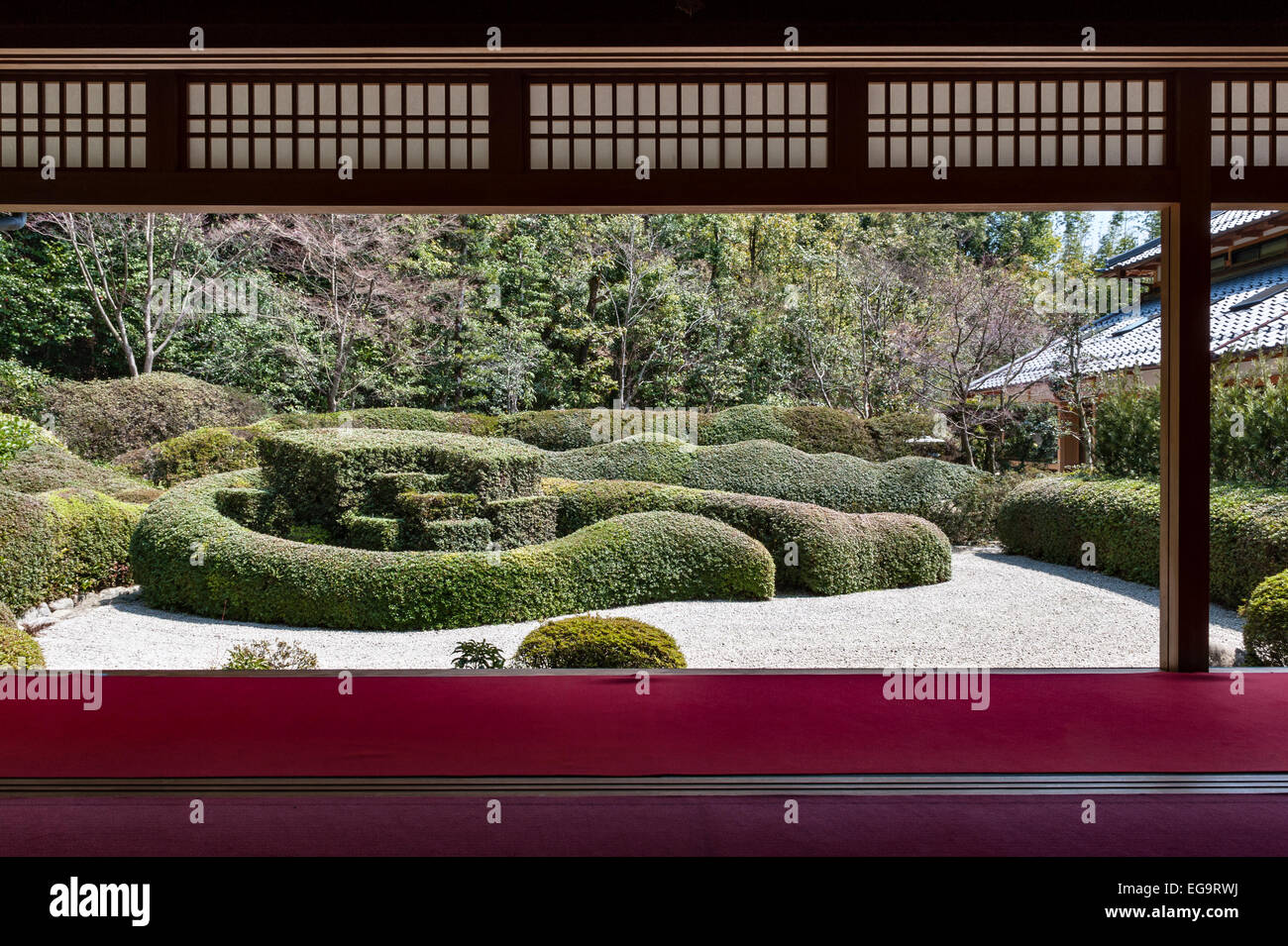 At the zen Buddhist temple of Daichi-ji, Shiga, Japan, the 17c Horai garden by Kobori Enshu is filled with snaking lines of clipped azaleas Stock Photo